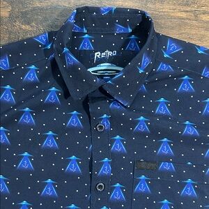 Novelty Shirt UFO Alien Shirt Mens XS Blue button collar